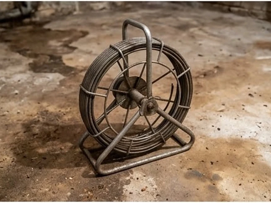 Sewer camera reel on a basement floor (no brand), older basement: sewer scope inspection in Elysian, MN