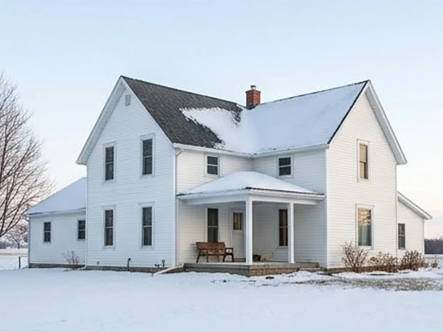 Iowa farmhouse in winter, morning: radon testing in Loretto, MN