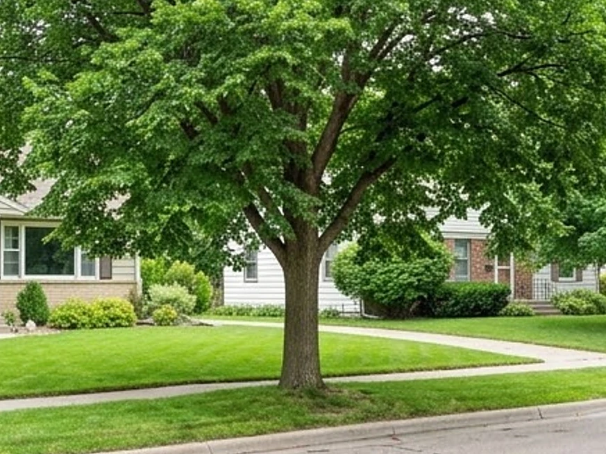 Mature boulevard tree near a curb, summer: sewer scope inspection in Spring Lake Park, MN