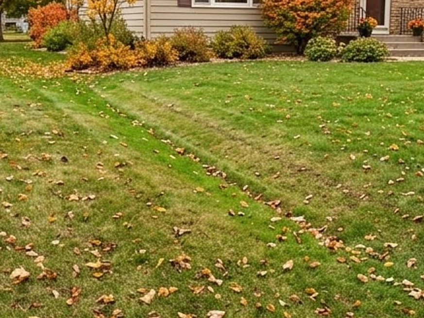 Lawn with a sunken line over the sewer path, autumn: sewer scope inspection in Garner, IA