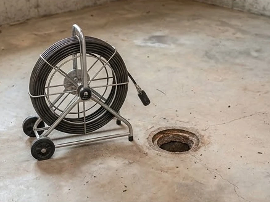 Camera reel near a floor drain (no brand), older: sewer scope inspection in Maplewood, MN