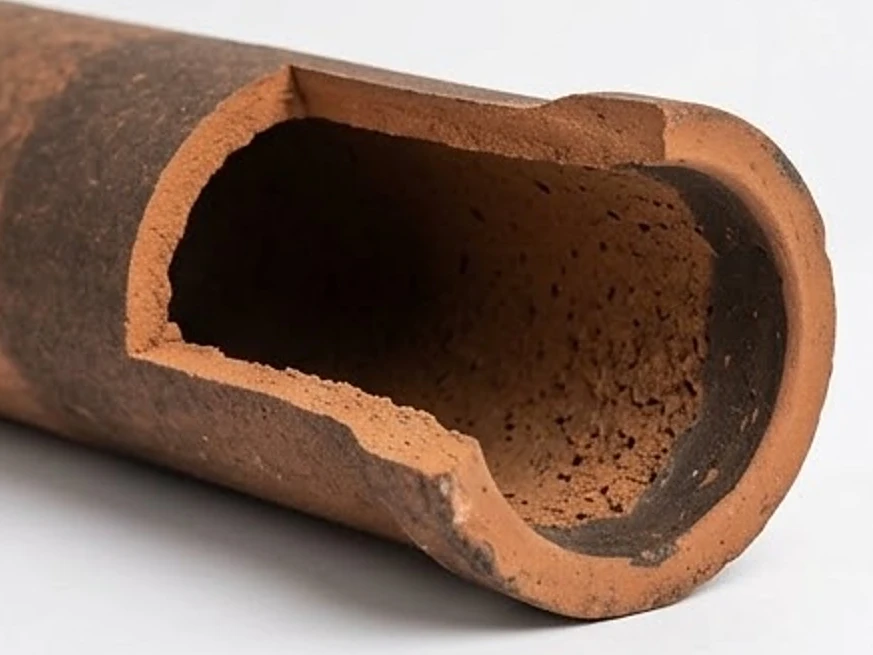 Clay tile pipe section, cut-away view: sewer scope inspection in Rosemount, MN
