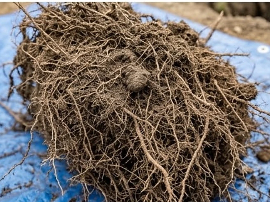 Root ball pulled from a sewer line on a tarp, close-up: sewer scope inspection in Pine Island, MN