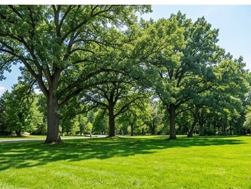Mature trees over a front lawn, summer: sewer scope inspection in West Des Moines, IA