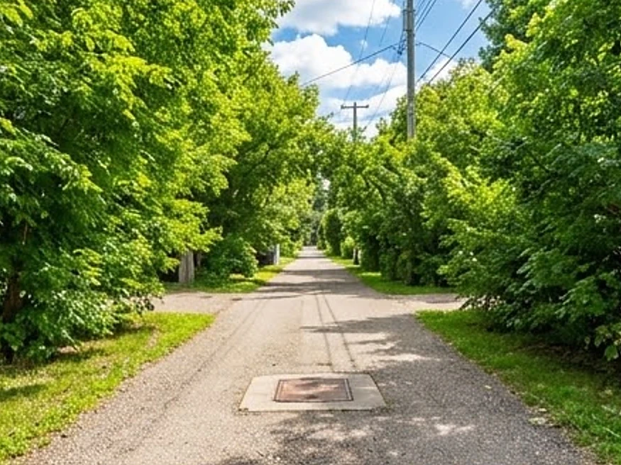 Alley with utility access, summer: sewer scope inspection in New Prague, MN