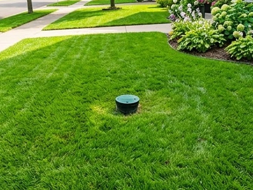 Front yard with a cleanout cap in the lawn, summer: sewer scope inspection in Elysian, MN