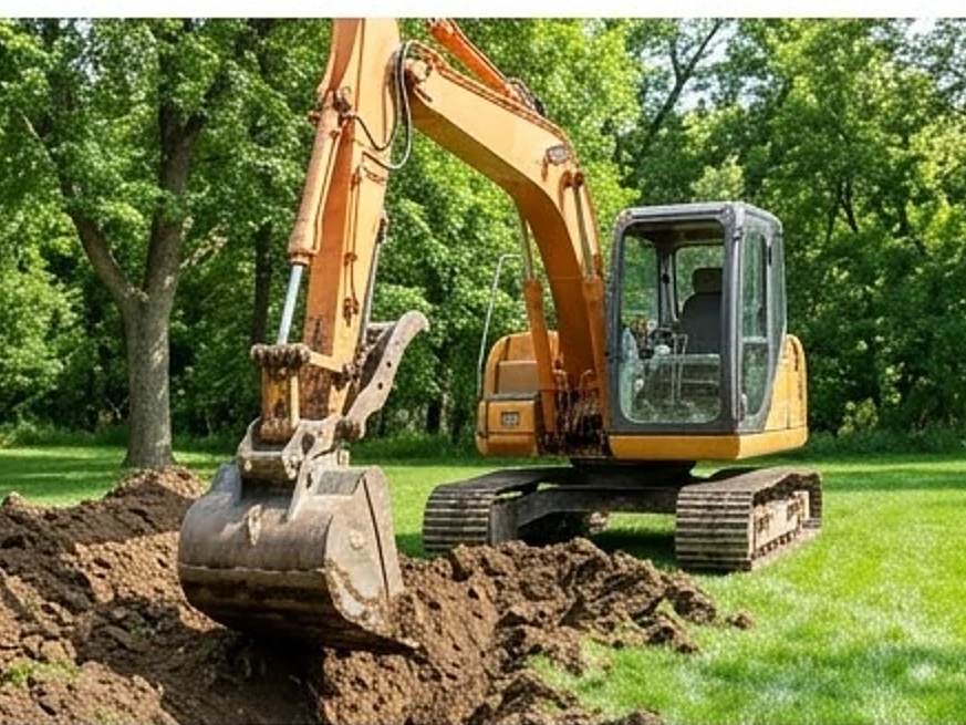 Excavator digging a sewer trench in a yard (no people, no logos), summer: sewer scope inspection in Columbia Heights, MN