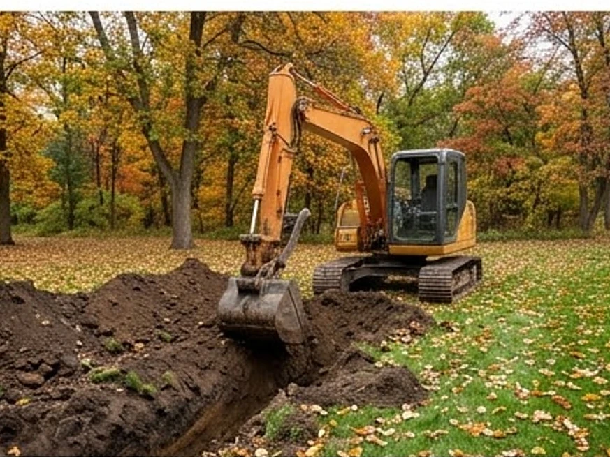Excavator digging a sewer trench in a yard (no people, no logos), autumn: sewer scope inspection in Elysian, MN