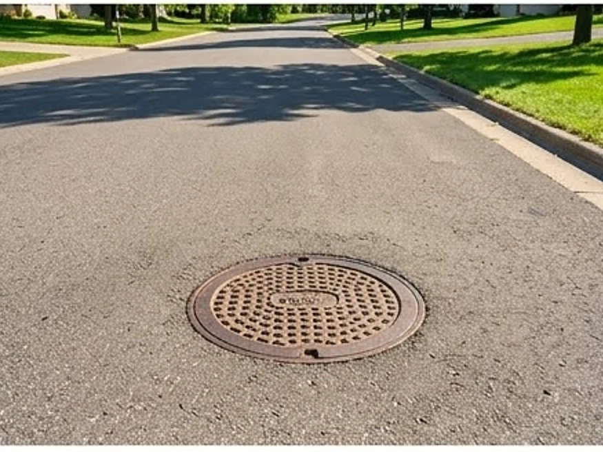 Street with a sewer manhole cover, summer: sewer scope inspection in Shoreview, MN