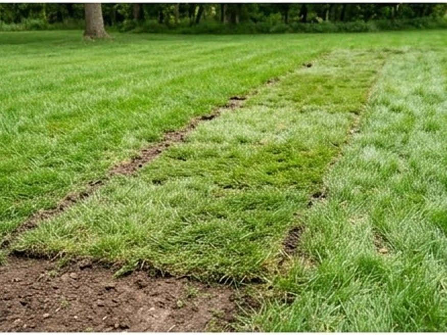 Patched lawn after a sewer repair, summer: sewer scope inspection in North Branch, MN