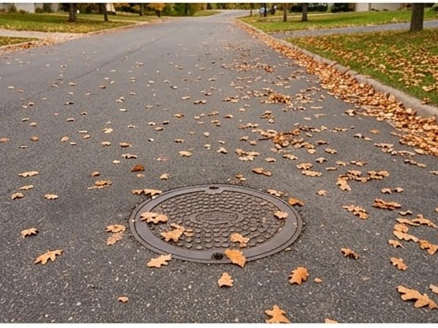 Street with a sewer manhole cover, autumn: sewer scope inspection in Shakopee, MN