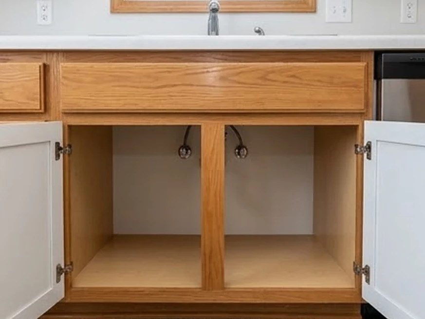 Under-sink cabinet with water stain, spring: mold inspection in Eden Prairie, MN