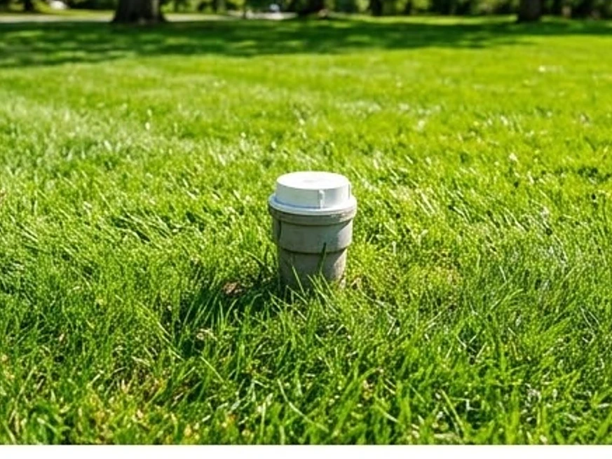 Outdoor sewer cleanout in a lawn, summer: sewer scope inspection in Shoreview, MN