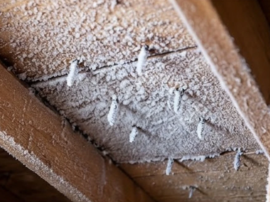 Attic frost on nails, winter: mold inspection in Fergus Falls, MN