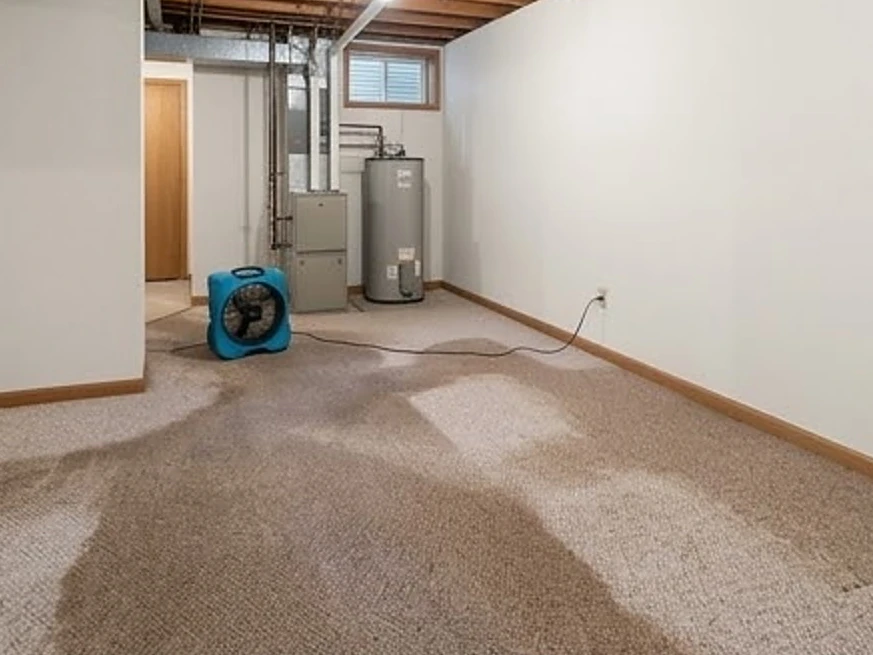 Basement after spring water with wet carpet, spring: mold inspection in Eagan, MN