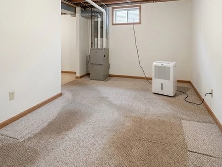 Basement after spring water with wet carpet, summer: mold inspection in Des Moines, IA