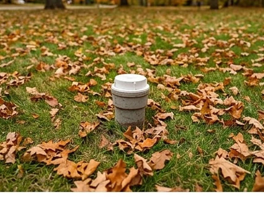 Outdoor sewer cleanout in a lawn, autumn: sewer scope inspection in Minnetonka, MN
