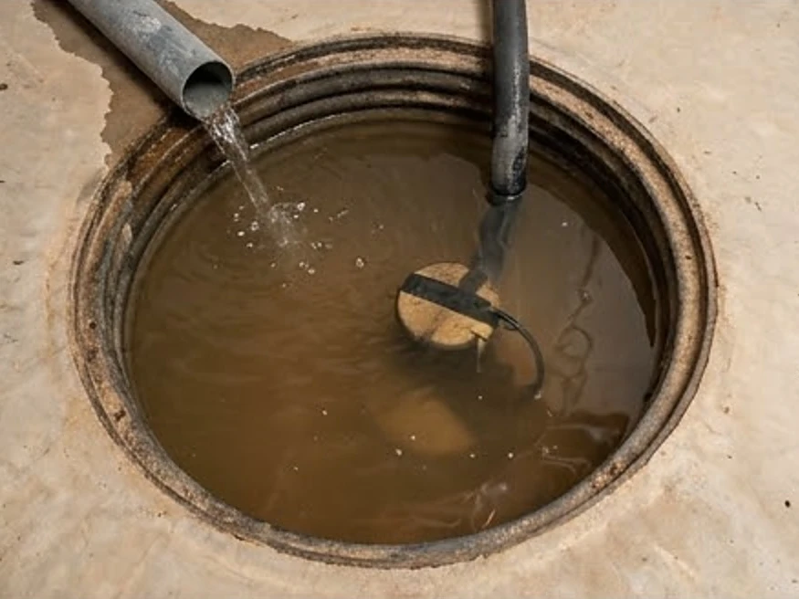 Sump pit full of water, spring: mold inspection in Des Moines, IA