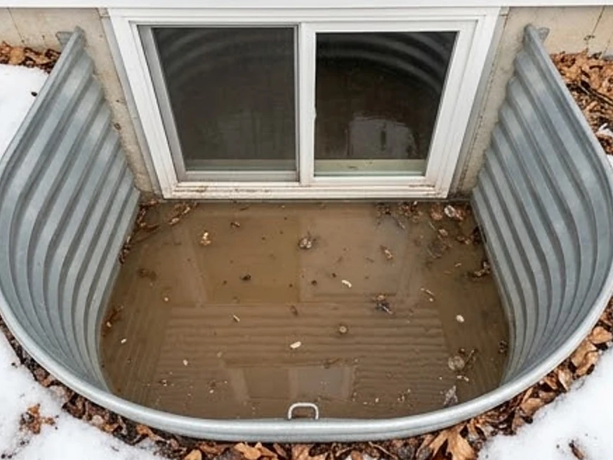 Window well with standing water, spring: mold inspection in Des Moines, IA