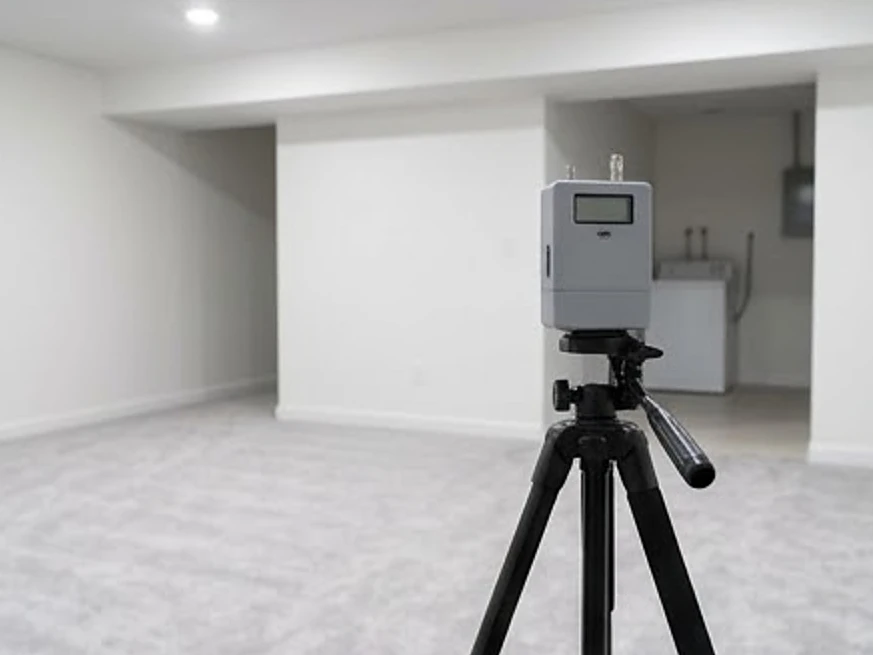 Air sampling pump on a tripod (no brand), newer basement: mold inspection in Osseo, MN