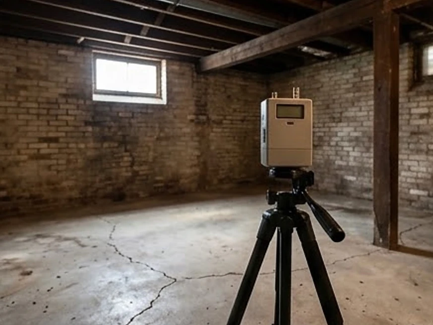 Air sampling pump on a tripod (no brand), older basement: mold inspection in Brainerd, MN