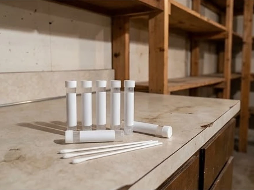 Surface swab kit on a counter (blank labels), older basement: mold inspection in Cottage Grove, MN