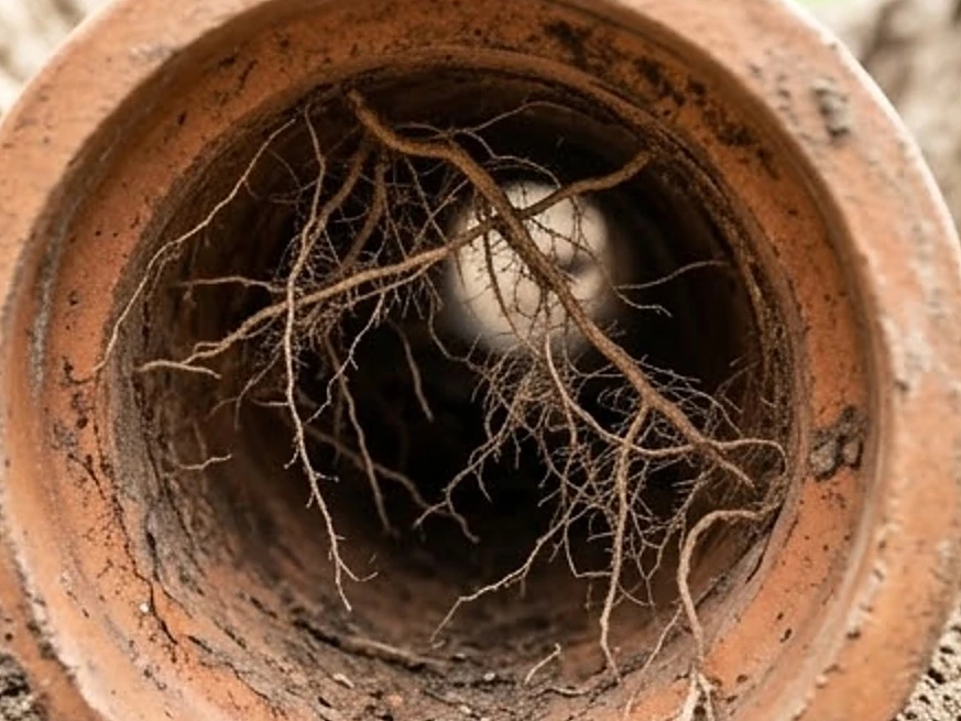 Clay sewer pipe section with tree roots inside, close-up: sewer scope inspection in Braham, MN