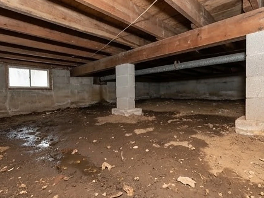 Crawlspace with damp soil and no vapor barrier, before-style older: mold inspection in Lakeville, MN