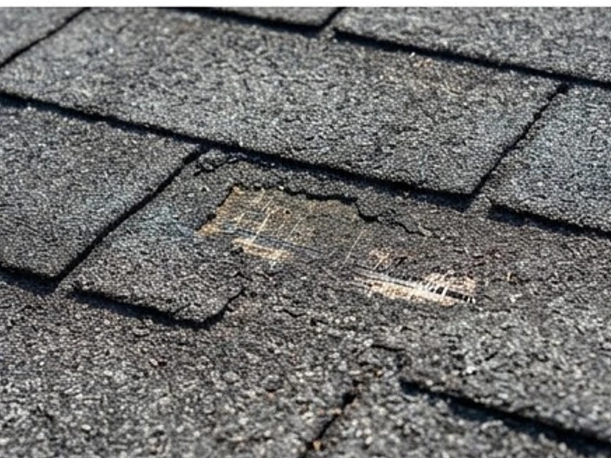 Asphalt roof with granule loss, close-up: roof inspection in Roseville, MN