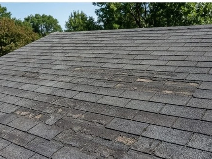 Asphalt roof with granule loss, wider view: roof inspection in Brooklyn Center, MN