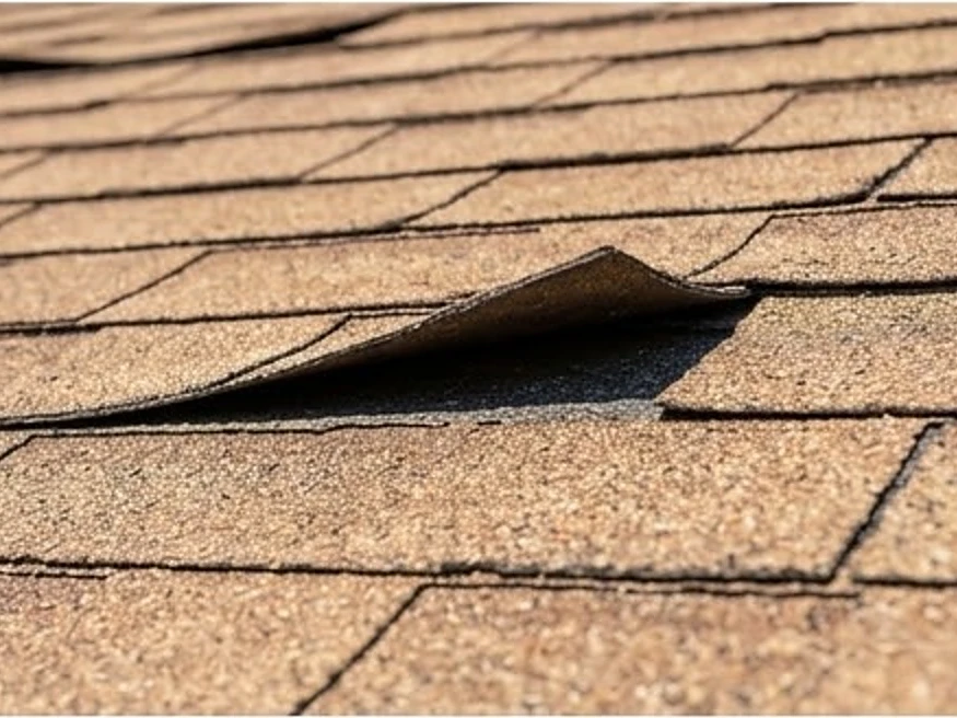 Roof with lifted shingle tabs, close-up: roof inspection in Roseville, MN