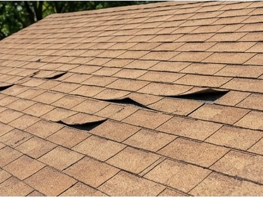 Roof with lifted shingle tabs, wider view: roof inspection in Brooklyn Center, MN