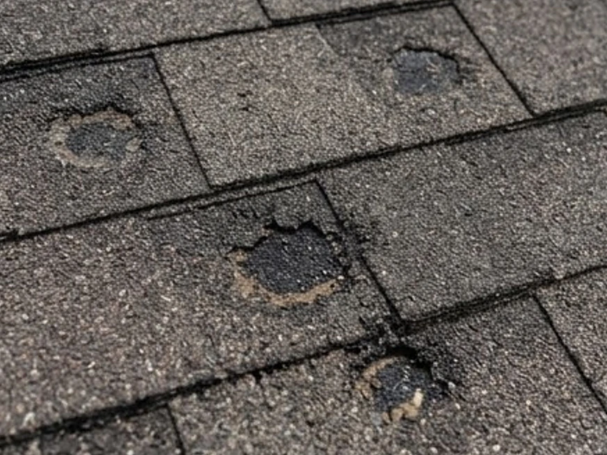 Hail bruised shingles close-up, close-up: roof inspection in Crystal, MN
