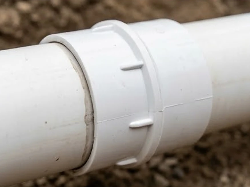White PVC sewer pipe joint, close-up: sewer scope inspection in Saint Paul, MN