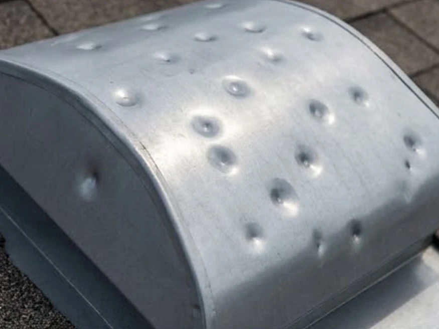 Soft metal vents with hail dents, close-up: roof inspection in North Saint Paul, MN