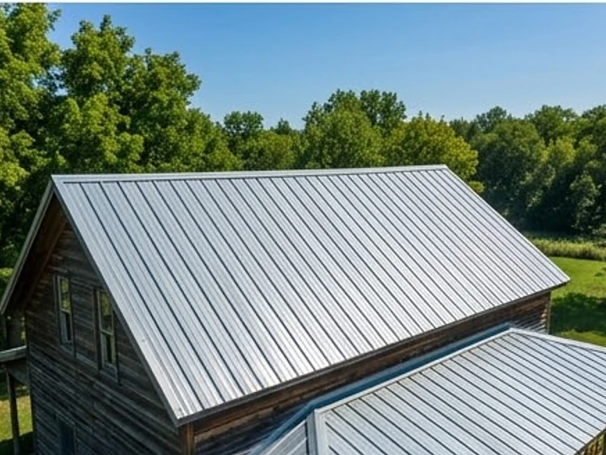 Steel roof on a farmhouse, summer: roof inspection in Chanhassen, MN