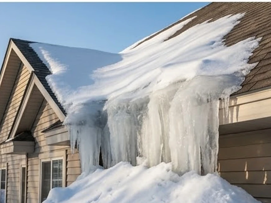 Ice dams along a roofline, morning: roof inspection in Mounds View, MN