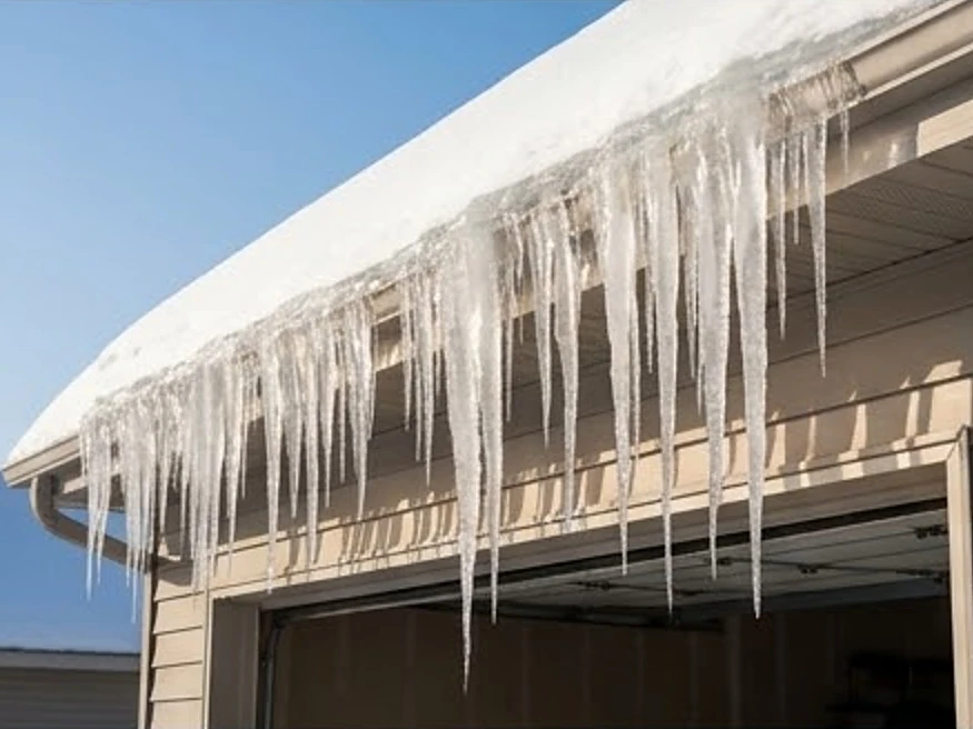Icicles over a garage, morning: roof inspection in Shoreview, MN