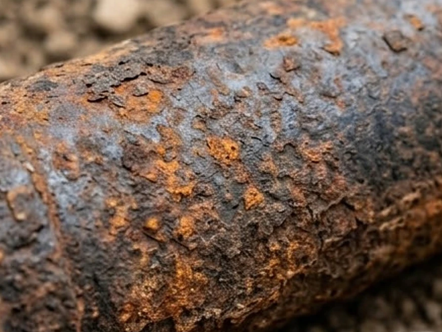 Rusted cast iron pipe section, close-up: sewer scope inspection in Lakeville, MN