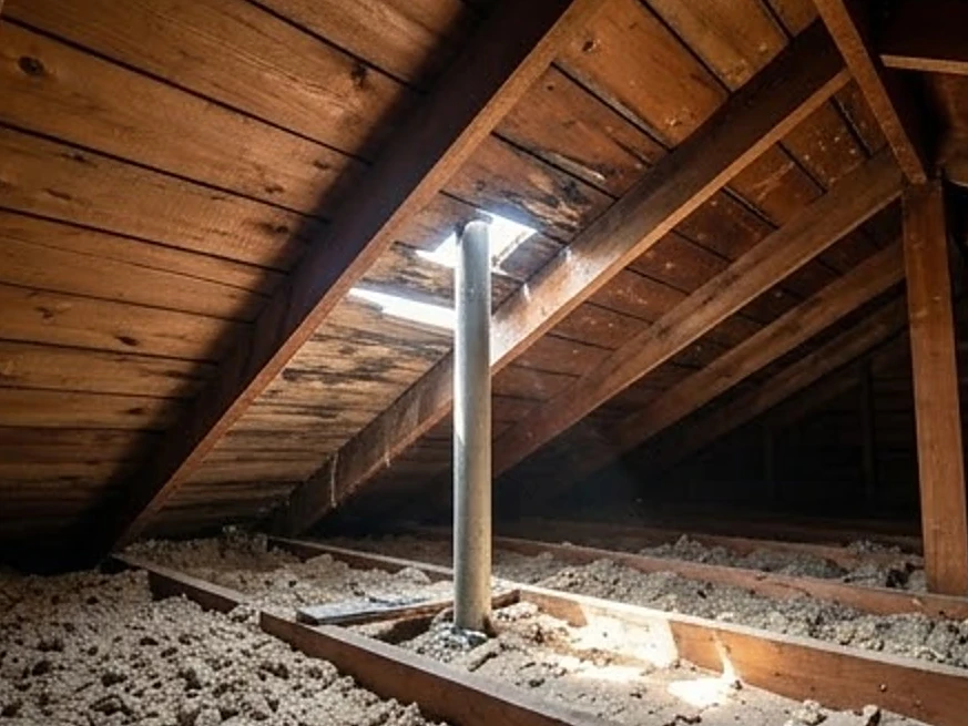 Attic with daylight at a roof penetration, older home: roof inspection in Rosemount, MN