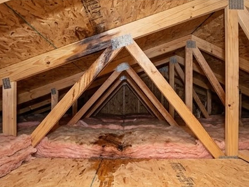 Attic with water stain on a rafter, newer home: roof inspection in Elk River, MN