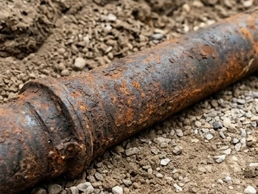 Rusted cast iron pipe section, wider view: sewer scope inspection in Minneapolis, MN
