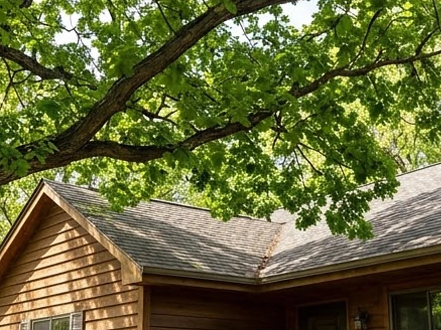 Tree branch over a roof, spring: roof inspection in North Liberty, IA