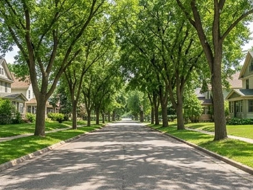 Older Minnesota street with boulevard trees, summer: sewer scope inspection in Edina, MN