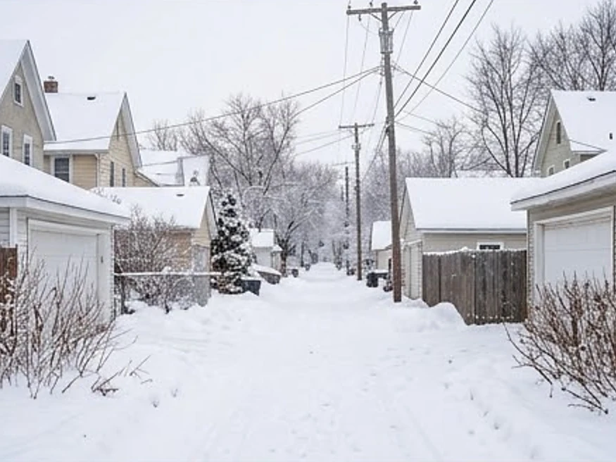 Alley behind older homes, winter snow: sewer scope inspection in Spring Lake Park, MN