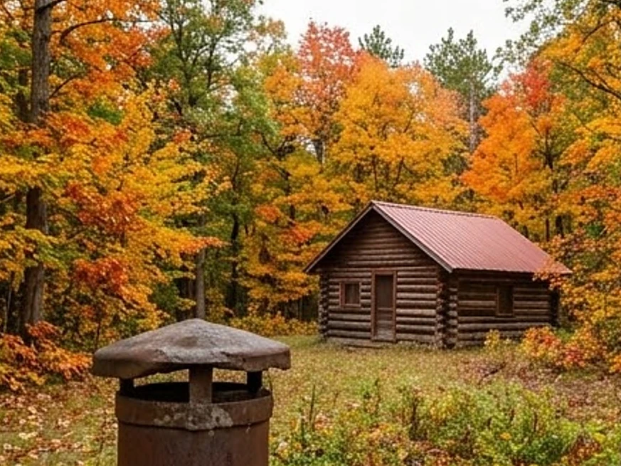 Adrian, MN water testing: well cap in the foreground, small cabin behind it in the northern Minnesota pine woods in autumn color