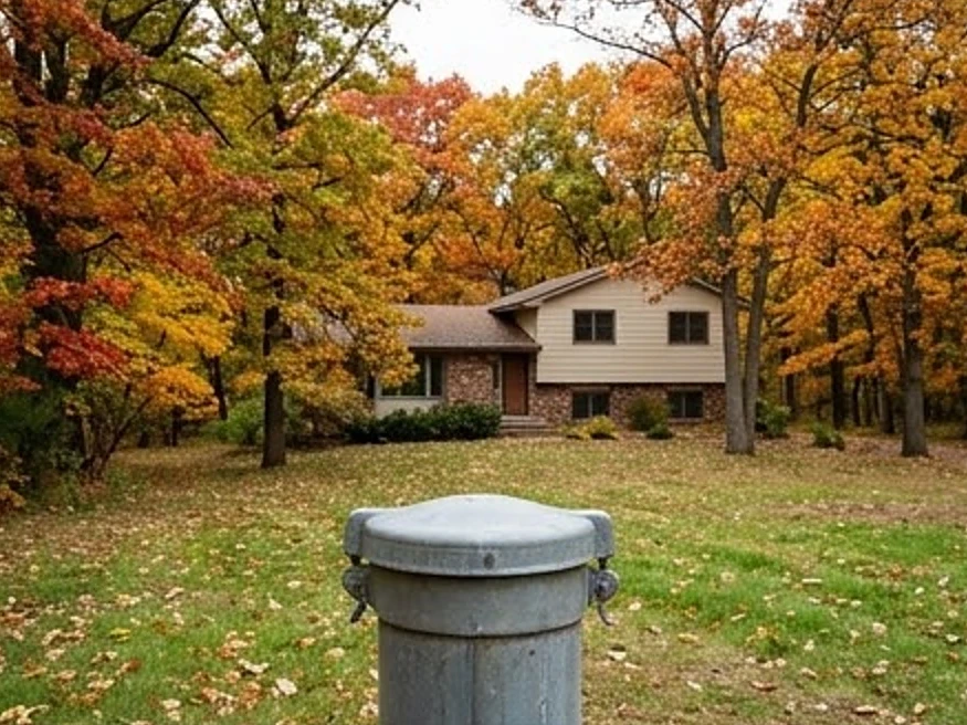 Mahtomedi, MN water testing: well cap in the foreground, split-level home on a wooded lot behind it on the edge of the Twin Cities suburbs in autumn color