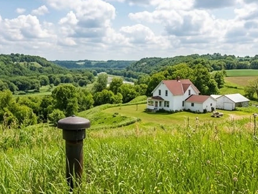 Well cap in the foreground, farmhouse behind it in the Minnesota River valley in summer: well water testing in Bird Island, MN