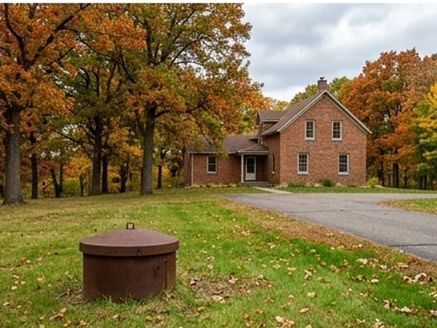 Well cap in the foreground, older brick country home behind it on the edge of the Twin Cities suburbs in autumn color: well water testing in Bird Island, MN