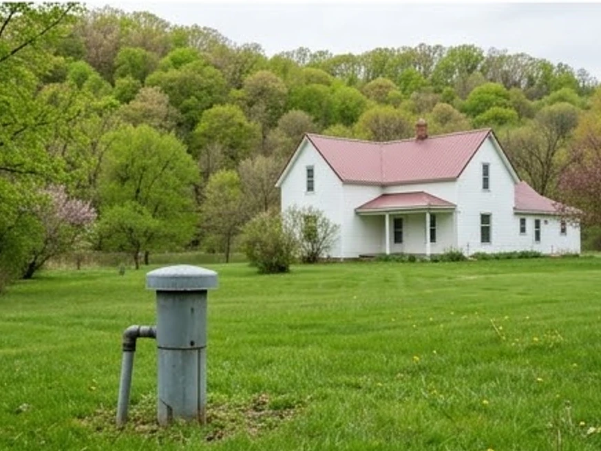 Minneapolis, MN water testing: well cap in the foreground, farmhouse behind it in southeastern Minnesota bluff country in spring green